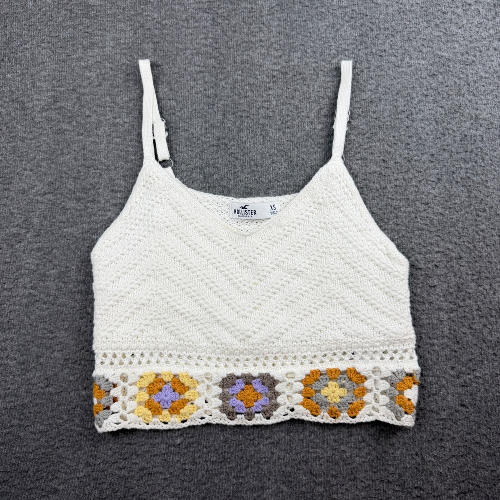 Hollister Crochet‎ Cami Women's XS White Floral Granny Square Boho Tank Top